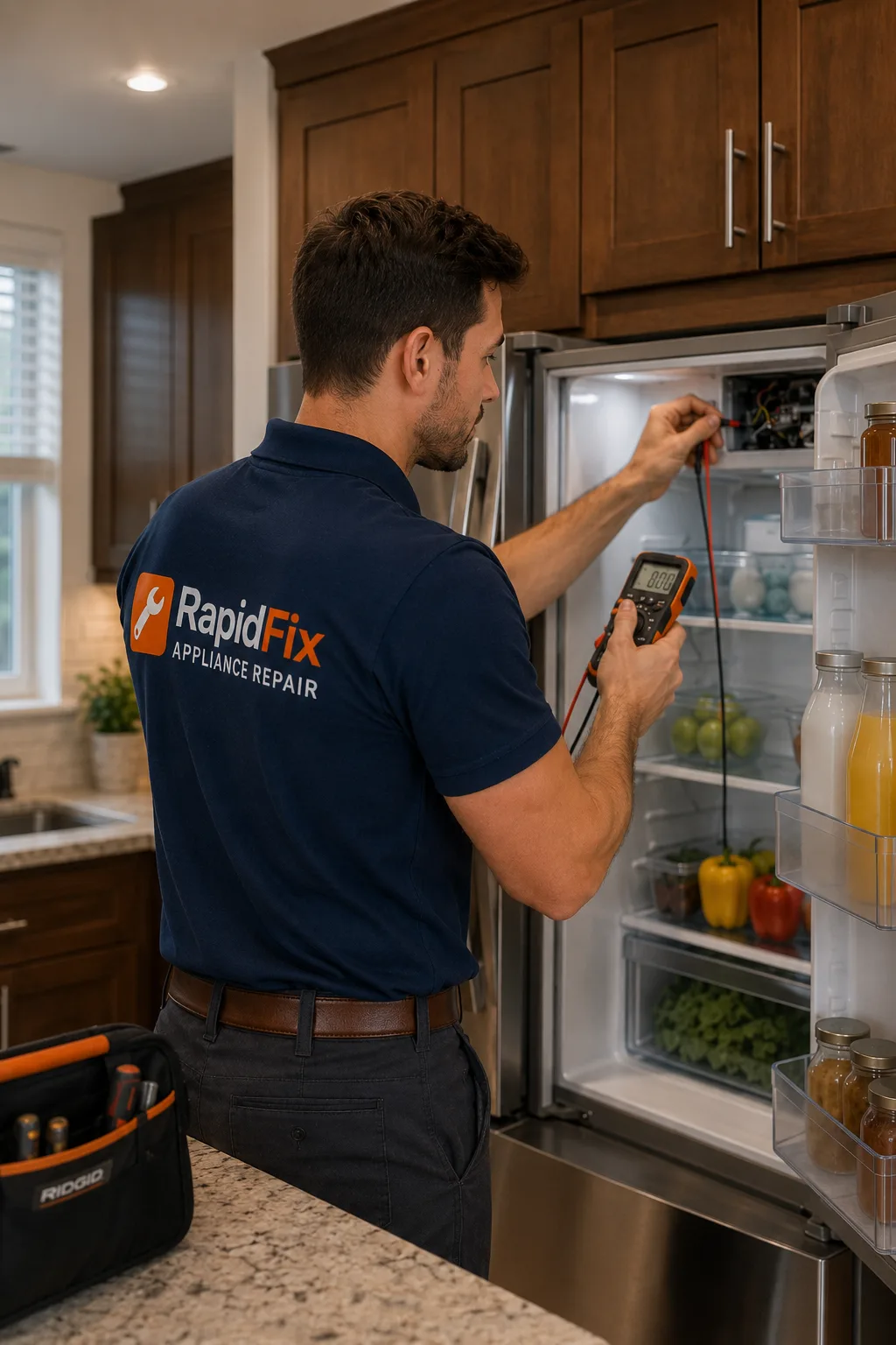 In-home appliance repair in a residential kitchen